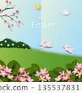 Happy Easter greeting card with cute cartoon rabbits on beautiful spring garden 135537831
