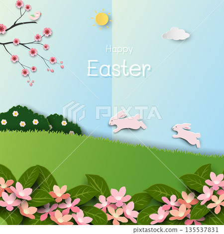 Happy Easter greeting card with cute cartoon rabbits on beautiful spring garden Happy Easter greeting card with cute cartoon rabbits on beautiful spring garden 135537831