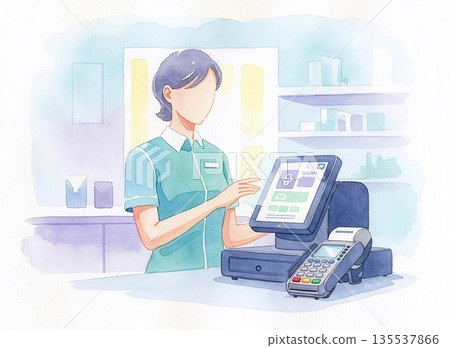 Watercolor Illustration of a Retail Cashier Using a POS System at a Store Checkout Counter, Medium Shot of Staff Operating Digital Terminal, Soft Pastel Tones for Business Concepts. 135537866