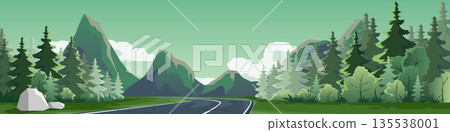 Scenic vector landscape with a winding asphalt road through a green pine forest towards mountains. Flat nature background illustration suitable for travel adventure and outdoor banners. Scenic vector landscape with a winding asphalt road through a green pine forest towards mountains. Flat nature background illustration suitable for travel adventure and outdoor banners. 135538001