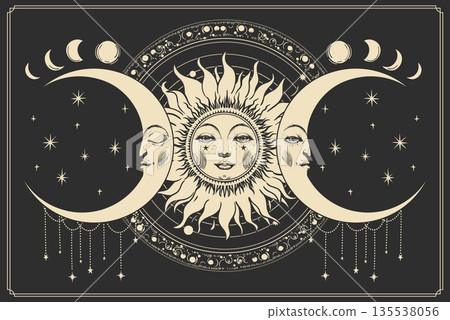 Celestial sun and moon with a face, astrology banner on a black background, tarot card, vintage style mystical illustration with star ornament. Astronomy and esoteric symbolism concept for design and Celestial sun and moon with a face, astrology banner on a black background, tarot card, vintage style mystical illustration with star ornament. Astronomy and esoteric symbolism concept for design and 135538056