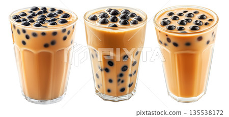 Creamy bubble milk tea with tapioca pearls in glass cup, isolated on white transparent background Creamy bubble milk tea with tapioca pearls in glass cup, isolated on white transparent background 135538172