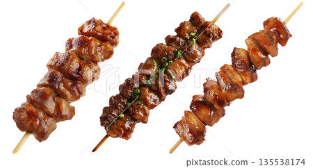 Grilled chicken yakitori skewer with teriyaki glaze or Isaw Filipino street food isolated on white transparent background 135538174