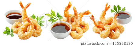 Fried shrimp tempura garnished with black sesame seeds, served with soy sauce in a bowl isolated on white background 135538180