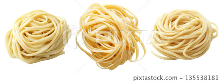 Raw fettuccine pasta nest or Japanese udon isolated on white transparent background, representing cooking ingredients 135538181
