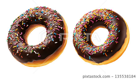 Tasty donut covered in glossy chocolate glaze with vibrant sprinkles isolated on white background. Tasty donut covered in glossy chocolate glaze with vibrant sprinkles isolated on white background. 135538184