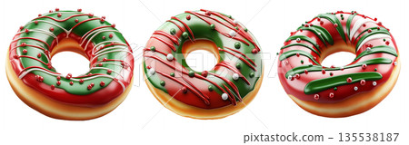 Delicious donut topped with red and green icing, decorated with white drizzle and candy balls, isolated on white 135538187