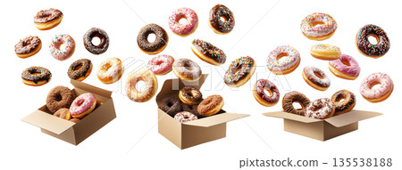 Variety of frosted donuts with sprinkles and glaze falling into an open box, isolated on white transparent background 135538188