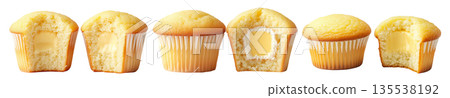 Two halves of a vanilla cupcake with creamy filling shown in cross-section, isolated on white transparent background Two halves of a vanilla cupcake with creamy filling shown in cross-section, isolated on white transparent background 135538192