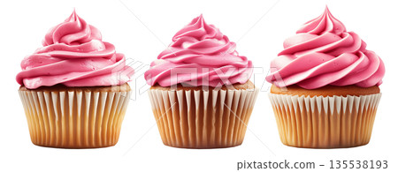 Cupcake topped with swirled pink frosting isolated on white transparent background. Concept of dessert, sweetness Cupcake topped with swirled pink frosting isolated on white transparent background. Concept of dessert, sweetness 135538193