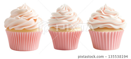 Vanilla cupcake with smooth pink whipped cream frosting in soft pink wrapper isolated on white transparent background Vanilla cupcake with smooth pink whipped cream frosting in soft pink wrapper isolated on white transparent background 135538194