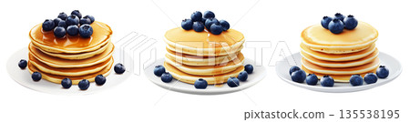 Fluffy pancake stack topped with fresh blueberries, isolated on white background. Concept of breakfast or brunch meal 135538195