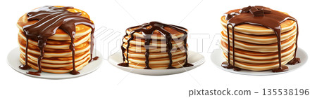 Stack of golden pancakes covered in thick chocolate syrup, isolated on white background, concept of sweet breakfast Stack of golden pancakes covered in thick chocolate syrup, isolated on white background, concept of sweet breakfast 135538196