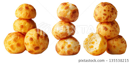 Stack of Brazilian cheesy bread balls with golden crust and holes, isolated on white background, concept of Pao de Queijo food 135538215