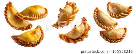 Fried baked pastry empanadas filled with ground beef cheese ham and crimped edges, isolated on white background Fried baked pastry empanadas filled with ground beef cheese ham and crimped edges, isolated on white background 135538216