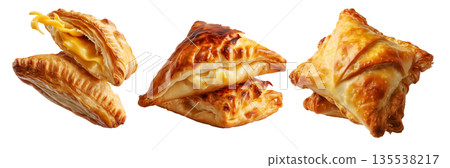 Flaky filled puff pastries pocket with melted cheese oozing out, isolated on white background, concept of Brazil snack 135538217