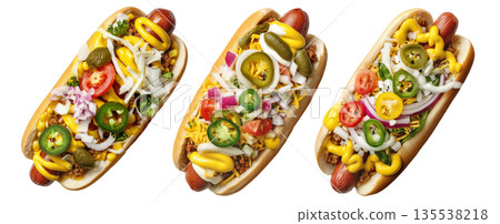Colombia Perro Caliente Hot Dog Colombiano topped with mustard, red onions, pickles, tomatoes, isolated on white background Colombia Perro Caliente Hot Dog Colombiano topped with mustard, red onions, pickles, tomatoes, isolated on white background 135538218