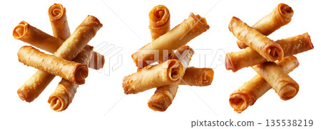 Fried cheese sticks wrapped in dough or spring rolls stacked in pile, isolated on white background, concept of Venezuela snack Fried cheese sticks wrapped in dough or spring rolls stacked in pile, isolated on white background, concept of Venezuela snack 135538219