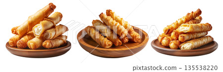 Fried cheese sticks wrapped in dough or spring rolls stacked in pile, isolated on white background, concept of Venezuela snack Fried cheese sticks wrapped in dough or spring rolls stacked in pile, isolated on white background, concept of Venezuela snack 135538220