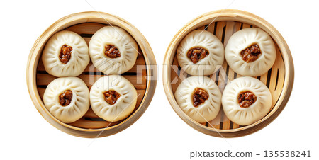 Chinese steamed buns Char Siu Bao with sweet barbecued pork filling in bamboo steamer basket isolated on white 135538241