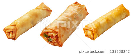 Crispy golden spring rolls with flaky texture shown isolated on white transparent background, Asian snack concept Crispy golden spring rolls with flaky texture shown isolated on white transparent background, Asian snack concept 135538242