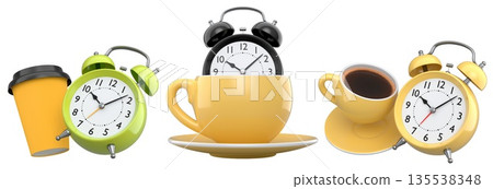 Colorful alarm clocks paired with matching takeaway coffee cups isolated on white background, concept of morning routine 135538348