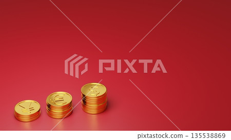 Gold coins on the left and white space on the right on a red background. Image of aggressive foreign currency trading, a strong dollar, and increased asset income. 135538869