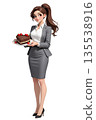 情人節插畫，一位身著職業套裝的職業女性手捧巧克力蛋糕，全身正面照。 135538916