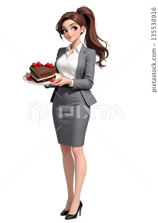 情人節插畫，一位身著職業套裝的職業女性手捧巧克力蛋糕，全身正面照。 135538916