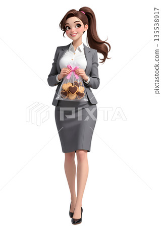 情人節插畫，一位身著職業套裝的職業女性手捧一塊心形餅乾，全身正面照。 135538917