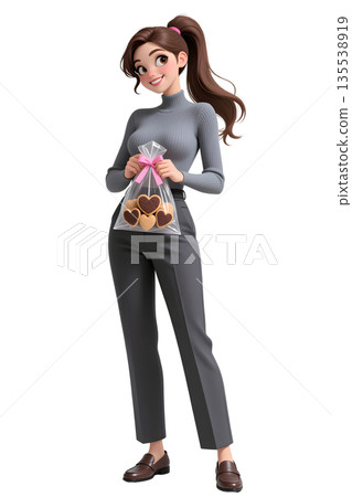 情人節插畫，一位穿著褲裝的女子手捧一塊心形餅乾，站立著，全身正面照。 135538919