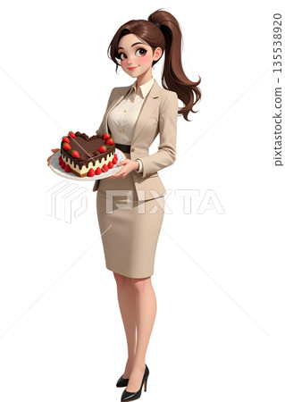 情人節插畫，一位穿著西裝的女士手捧巧克力蛋糕，全身正面照。 135538920