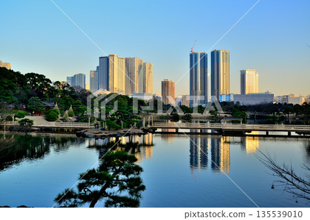 冬季的濱離宮庭園。勝鞅和豐見地區正在重建。 冬季的濱離宮庭園。勝鞅和豐見地區正在重建。 135539010