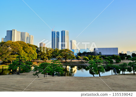 冬季的濱離宮庭園。勝鞅和豐見地區正在重建。 冬季的濱離宮庭園。勝鞅和豐見地區正在重建。 135539042