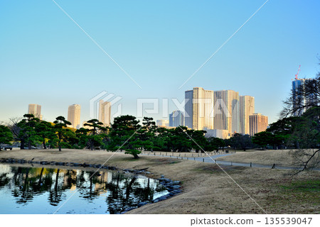 冬季的濱離宮庭園。勝鞅和豐見地區正在重建。 135539047