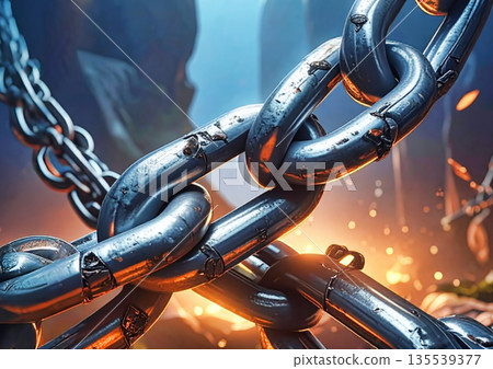 一幅3D插圖，特寫鏡頭展現了一條象徵著連結和強大團結的重金屬鏈條。 135539377
