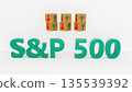 S and P 500 index symbol. Wooden blocks displaying S and P 500 and directional arrows indicating market trends with green and red symbols. On a table with a white background. 3d rendering 135539392