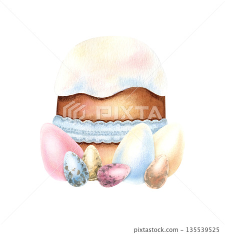 Watercolor Easter tradition cake tied with lace ribbon, small, large eggs. Quail and chicken painted eggs, kulich icing in pastel colors. Symbol of religion spring celebration. Isolated Illustration Watercolor Easter tradition cake tied with lace ribbon, small, large eggs. Quail and chicken painted eggs, kulich icing in pastel colors. Symbol of religion spring celebration. Isolated Illustration 135539525