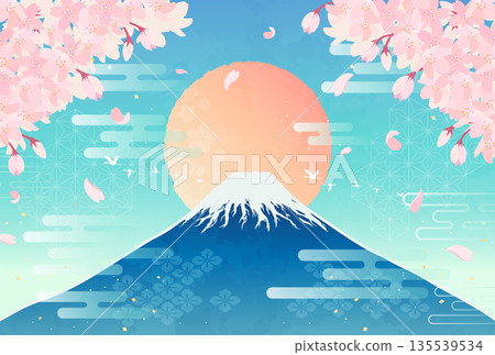 Cherry blossoms, Mt. Fuji, and sunrise illustration_horizontal 1 135539534