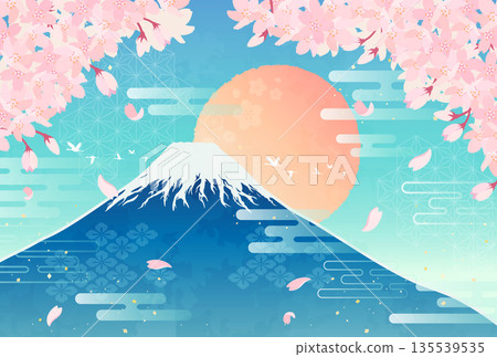 櫻花、富士山和日出插圖_橫向 2 135539535
