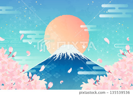 Cherry blossoms, Mt. Fuji, and sunrise illustration_horizontal 3 Cherry blossoms, Mt. Fuji, and sunrise illustration_horizontal 3 135539536