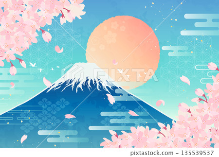 櫻花、富士山和日出插圖_橫向 4 櫻花、富士山和日出插圖_橫向 4 135539537