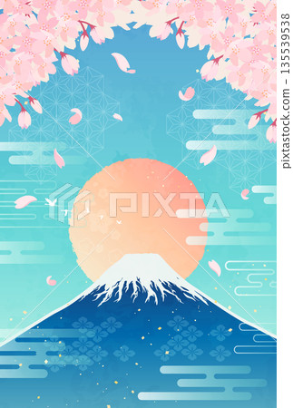 Cherry blossoms, Mt. Fuji, and sunrise illustration_Vertical 1 Cherry blossoms, Mt. Fuji, and sunrise illustration_Vertical 1 135539538