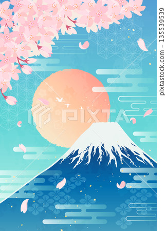 櫻花、富士山和日出插圖_豎版 2 135539539