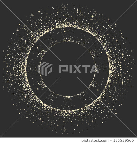 Cosmic stardust frame, celestial round border on a black background. Mystical design of the matrix of fate, the universe, fate, and . Vintage magical aesthetics illustration. Hand-drawn vector. 135539560