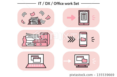 IT office illustration set of DX workflow image transitioning from paper-based office work to digital management 135539669
