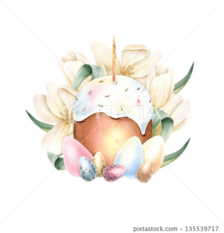 Happy Easter floral composition with icing cake, lit candle, painted eggs in pastel spring color. Delicate tulip flowers, Religious bakery, small, large eggs. Watercolor isolated illustration Happy Easter floral composition with icing cake, lit candle, painted eggs in pastel spring color. Delicate tulip flowers, Religious bakery, small, large eggs. Watercolor isolated illustration 135539717