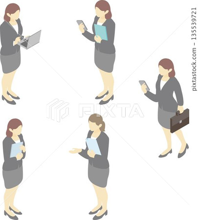 Isometric businesswoman illustration set. Female office worker operating laptop or smartphone 135539721