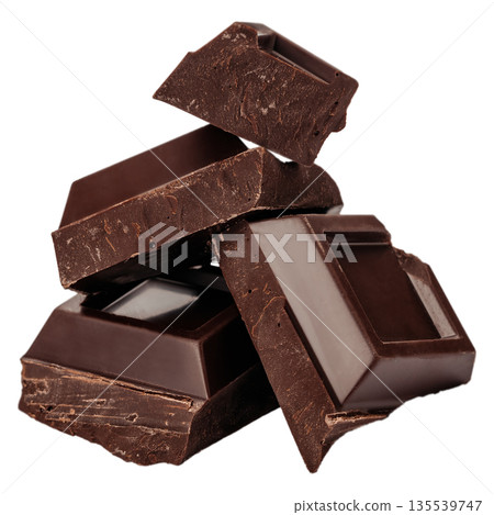 Stack of dark chocolate pieces isolated on white background, broken chocolate texture concept Stack of dark chocolate pieces isolated on white background, broken chocolate texture concept 135539747