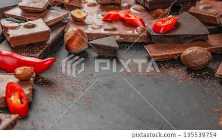 Dark chocolate pieces with nuts and red chili pepper on black background, copy space Dark chocolate pieces with nuts and red chili pepper on black background, copy space 135539754